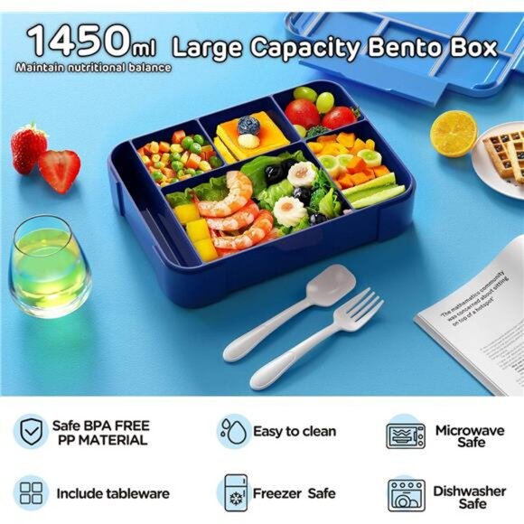Bento Lunch Box for Kids - 1450ml Leakproof Kids Bento Box 6 Compartments - Picture 2 of 8